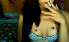 Shemale Smokes and Strokes her Dick