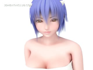 Blue haired hentai girl shows assets in tight body suit