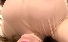 Busty curly brunette with big boobs fucks on couch