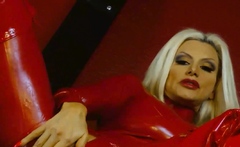 Blonde Brittany Andrews In Red Latex Suit Fingers Herself