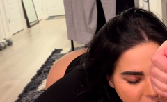 Dark haired amateur blowjob and handjob in fake taxi