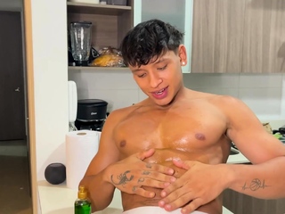 Stripping twink latino boy and oiling muscles