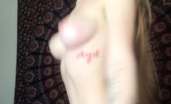 Busty curly brunette with big boobs fucks on couch