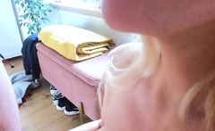 Blonde milf gives blowjobs on horny guys