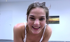 POV cocksucking video of a cute brunette