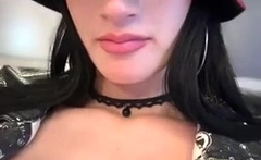 Busty curly brunette with big boobs fucks on couch