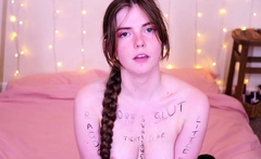 Kinky brunette wears stockings and masturbates rough