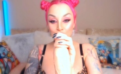 Redhead Slut Sucks Her Squirting Dildo